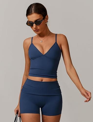 IMEKIS Sport Set für Damen Gym Outfit Gepolstert Yoga Crop Top und High Waist Shorts Zweiteiler Sportanzug Sommer Fitness Workout Bekleidung thumbnail 4