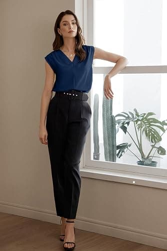EVALESS Womens Pleated Tank Tops V Neck Casual Sleeveless Blouses Summer Basic Vest Shirt thumbnail 5