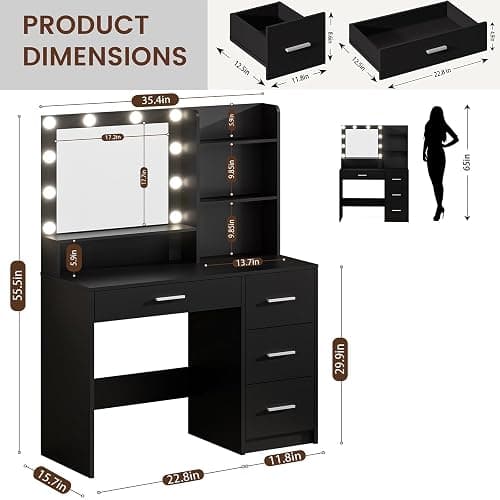 DINGIPP Vanity Desk with Lighted Mirror and Charging Station, Makeup Vanity with 4 Drawers & Storage Shelves,Makeup Desk 3 Color Lights Modes Available, Bedroom Dressing Table for Women, Girls thumbnail 2