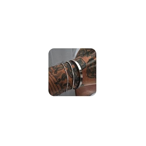HEVOCY Stacked Bracelets for Men Women: 3 Pcs Bracelet Set Cuff Bangle/Cuban Link/Snake Chain Adjustable Layered Bracelet Stainless Steel Bracelets for Mens Jewelry Gifts for Him - Image 1