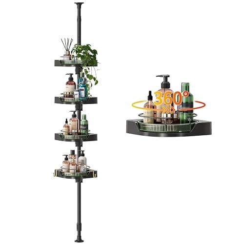 AKINBAS 360° Rotating Shower Caddy Tension Pole with 4-Tier Rustproof Lazy Susan 35-128 Inch No Drilling Coner Shelves Adjustable Shower Rack for Bathroom Bathtub Washbasin Plant Storage (Black+Green) - Image 1