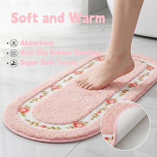Stay Young Decorative Rose Flower Area Rug,Bedroom Living Room Bathroom Rugs,Bath Mat Kitchen Mat,Super Soft Non Slip,Floral Design Coquette Room Decor,Pink 17.71 x 49.21 Inch thumbnail 7