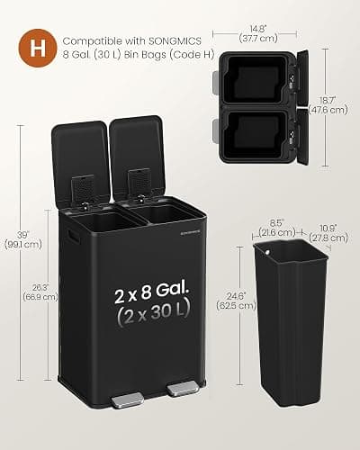 SONGMICS Kitchen Bin, 2 x 8 Gallon (2 x 30 L) Dual-Compartment Pedal Rubbish Bin with Soft-Close Lid and Inner Buckets, Steel, Includes 15 Liner Bags, Ink Black LTB741B02 thumbnail 6