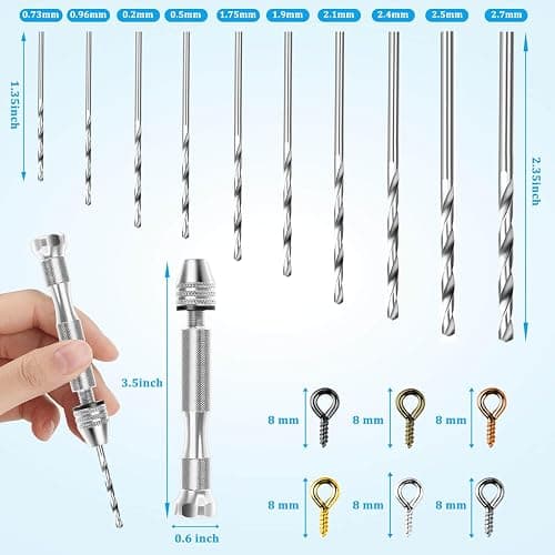 Shynek Pin Vise Hand Drill Set, Manual Hand Drill with 600PCS Small Screw Eye Hooks and 10 Different Sizes Drill Bits for Keychain, Jewelry Making and Crafts thumbnail 2