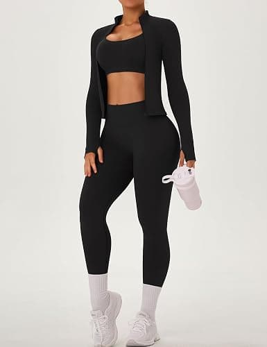 OLCHEE Womens Workout Sets 3 Piece Seamless Long Sleeve Jacket Scrunch Butt Leggings Racerback Sports Bra Yoga Gym Outfits thumbnail 2