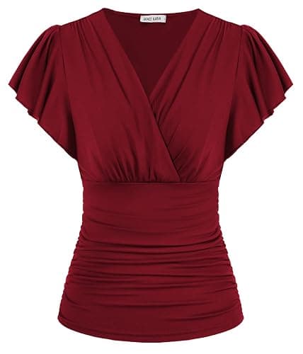 GRACE KARIN Women's Short Ruffle Sleeve V-Neck Ruched Casual Tops Summer Blouses Vintage Top - Image 1