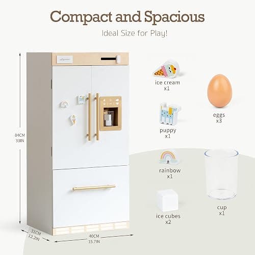 Wooden Play Kitchen Fridge – Interactive Ice Maker, Double Door Storage & Creative Fridge Magnets, Pretend Play Refrigerator for Boys & Girls 3+ thumbnail 2