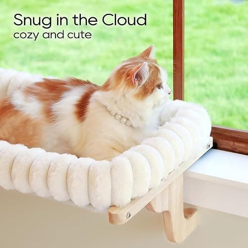 Zakkart SnugCloud Cat Window Perch with 4-Sided Bolster - Orthopedic Cat Hammock for Window Sill - Solid Hardwood & Metal Frame - Window Seat for Pets (Natural Color Wood w/White Bed, Medium) thumbnail 7