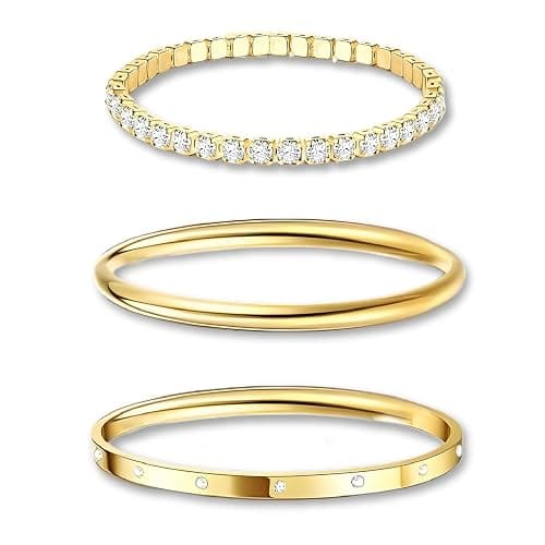 nuneoeuo 3PCS Gold Bracelet Stack Set, Tennis Gold Bracelets for Womens Set Multi Layer Stackable Cuff Bangle, Jewellery Sets for Women Thin Round Bangle Cuff, Gifts for Ladies - Image 1