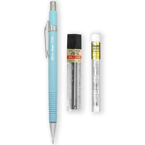 Pentel P205-97C Mechanical Automatic Pencil - Pastel Floral Range - Single + 12 Hi-Polymer HB 0.5mm Refill Leads + Z2-1N Eraser Refills Tube of 4 (Pastel Blue) - Image 1