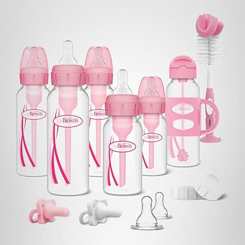 Dr. Brown's Anti-Colic Options+ Narrow Bottle Gift Set with Sippy Straw Bottle, HappyPaci Silicone Pacifiers, Storage/Travel Caps, and Bottle Brush, Pink thumbnail 10