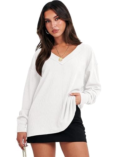 ANRABESS Oversized Long Sleeve Shirts for Women Off the Shoulder Sweatshirt Loose V Neck Tunic Tops High Low Sweater 2025 thumbnail 2