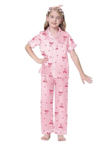 1. Schbbbta Girls 3 Pieces Pajamas Sets Silk Satin Sleepwear Button Down Short Sleeve Pjs Outfits thumbnail 5