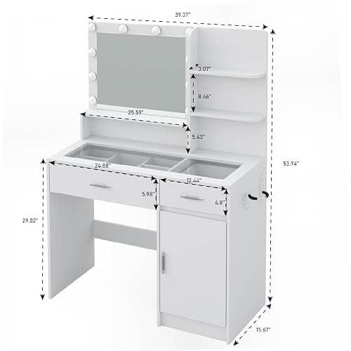 HuaYing White Vanity Desk with Mirror and Lights, Vanitys with Glass Top & Power Outlet, Dressing Table with 36 Lighting Modes Brightness Adjustable RGB Drawers, for Women Girls Bedroom (White) thumbnail 2