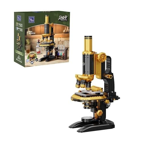 PANTASY Retro Microscope Building Kit for Adults, Antique Science Instrument Model with Mechanical Design, Brass Finish & Lab Accessories, Collectible Display Brick Set - Image 1