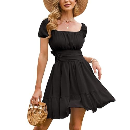 EXLURA Women's 2025 Summer Short Puff Sleeve Casual Short Mini Dresses Tie Back Square Neck A-Line Sundress - Small - Short Sleeve_black - Image 1