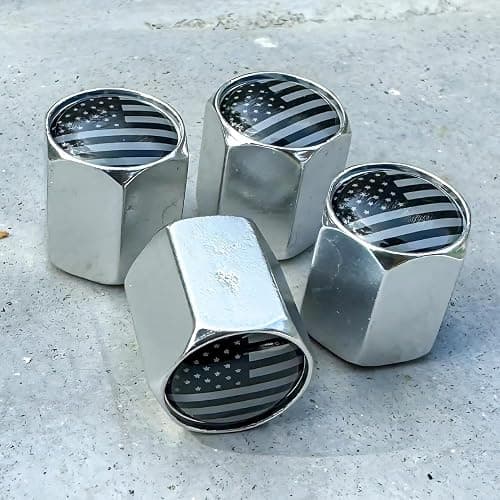 TACTILIAN American Flag Chrome Valve Stem Caps 4 Pack | Leakproof Aluminum Tire Valve Caps with Rubber O-Ring, Universal Fit for Cars, Trucks, SUVs | Silver Tire Valve Caps Chrome Valve Stem Covers - Image 1
