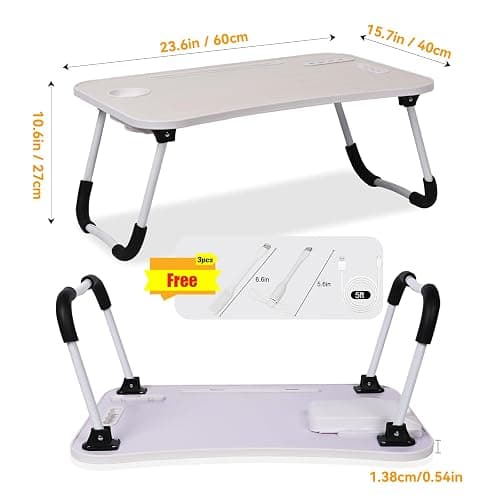 23.6 inch Portable Bed Desk, Folding Lap Desk with 4 USB Ports, Wind Fan, LED Light, Cup Holder and Side Drawer for Working, Reading, Writing, Eating on Bed, Sofa, Floor (White) thumbnail 2