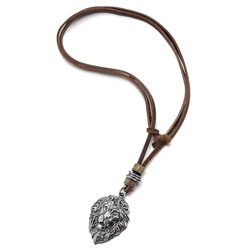 COOLSTEELANDBEYOND Lion Head Pendant Necklace for Men, Vintage Carved Design on Leather Cord Tribal Warrior Jungle King thumbnail 3