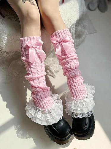SQYZRZ Women's Knit Leg Warmers Y2K Knit Leg Warmers Lolita Bow Lace Trim Knee-High Leg Sleeve Socks thumbnail 3