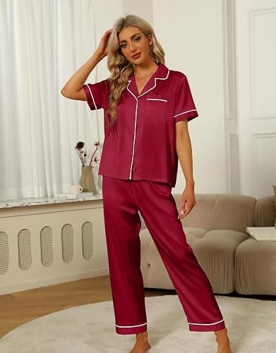 SAPJON Silk Pajamas for Women Set 4Pcs Ruffled Satin Pajamas Set Button Down Short Sleeve Cami Shorts Sleepwear Pj Set thumbnail 2