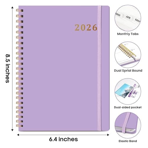 2026 Planner, Weekly and Monthly Calendar Planner Book, January 2026 - December 2026, Hardcover Spiral Planner with Monthly Tabs, Notes Pages, Perfect for Women & Men, A5 (6.4" x 8.5") - Lavender thumbnail 2