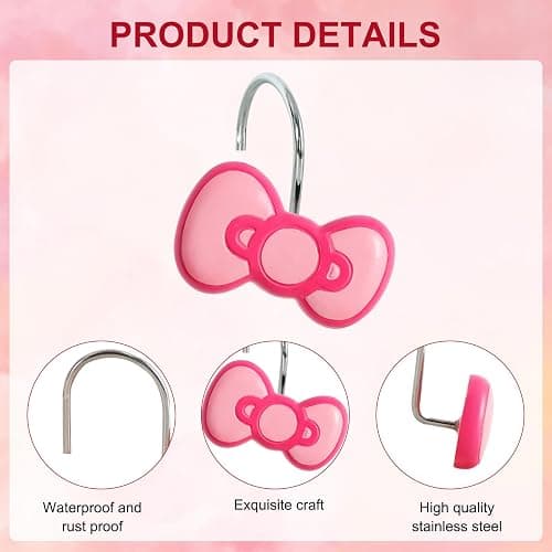 CTOHN 12-Piece Pink Bow Shower Curtain Hooks, Cute Stainless Steel Decorative Shower Hangers Rings for Bathroom Decor thumbnail 3