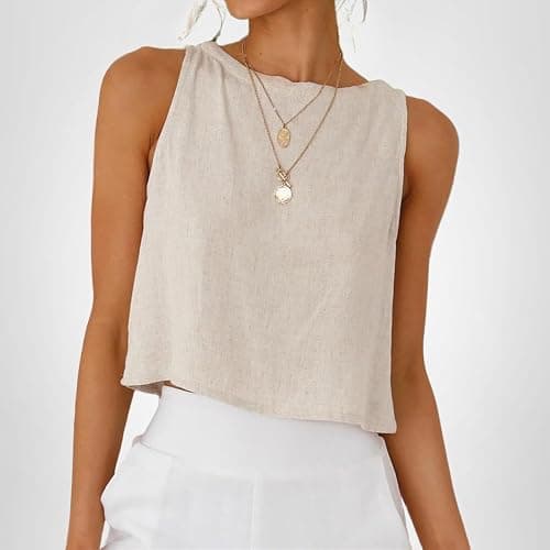 IDEALSANXUN Womens Linen Crop Tank Tops 2026 Spring Summer Beach Sleeveless Tops thumbnail 5