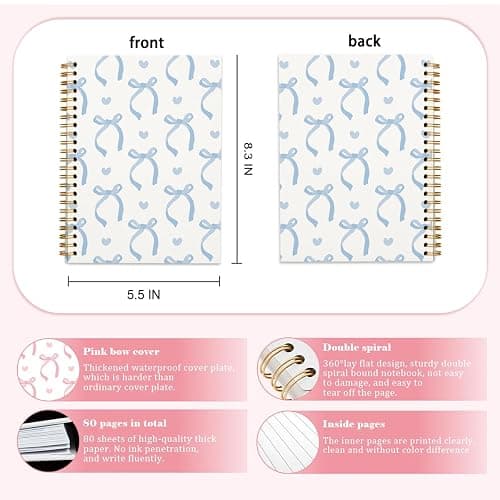 QUICQOD Cute Blue Bow Spiral Notebook Journal for Teen Girls, 5.5x8.3 Inch | Blue School Supplies for Girls, Preppy Hardcover Lined Journal for Note Taking, Coquette Notebook, Gifts for Women thumbnail 2