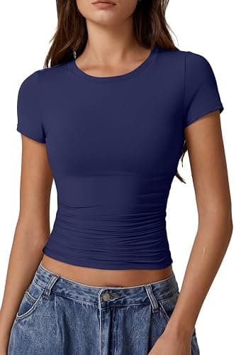 QINSEN Short Sleeve Shirts for Women Round Neck Basic Double Lined Tees Fitted Y2k Crop Tops - Image 1