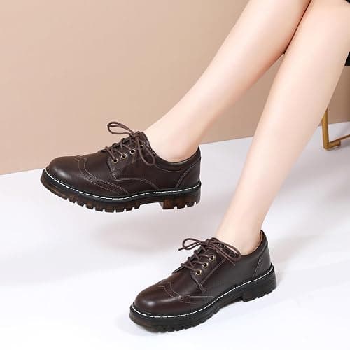 Women's Vintage Oxford Shoe,Perforated Lace-up Round Toe Leather Low Heel Brogues Shoe for Girls Ladies Women - 6.5 - Brown thumbnail 6
