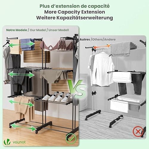 VOUNOT® Séchoir à Linge Extensible Grande Capacité Tour de Séchage 3 Niveaux Pliable 40m d’Étendage Étendoir Vertical Multifonction pour Intérieur et Extérieur Noir thumbnail 5