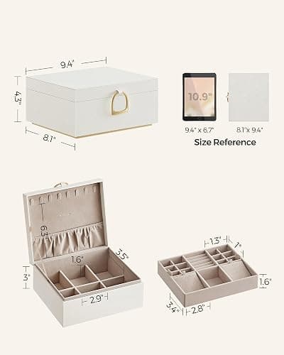 SONGMICS 2-Layer Jewelry Box, Jewelry Organizer with Handle, Removable Jewelry Tray, Jewelry Storage, Floating Effect, 8.1 x 9.4 x 4.3 Inches, Christmas Gift, White UJBC165W01 thumbnail 3