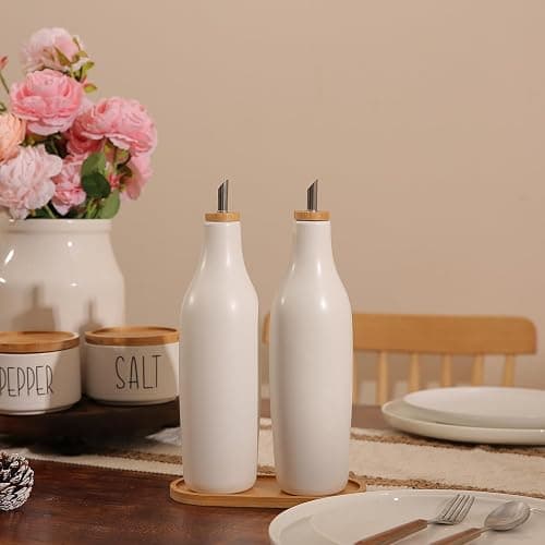HOMCDALY Ceramic Olive Oil Dispenser for Kitchen, Stoneware 16oz Oil and Vinegar Bottles Dispenser, Kitchen Dispenser Bottle for EVOO Vinegar Syrups, Modern Farmhouse Design(W) thumbnail 7