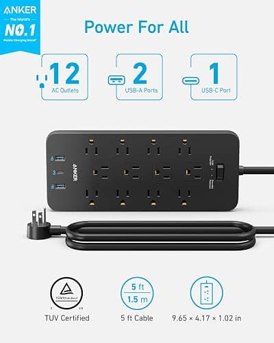 Anker Power Strip with 2100J Surge Protector, Outlet Extender, 5ft Extension Cord with Multiple Outlets, 12 AC, 2 USB A,1 USB C Port for 20W, Home Office, Dorm Room Essentials, TUV Listed thumbnail 2