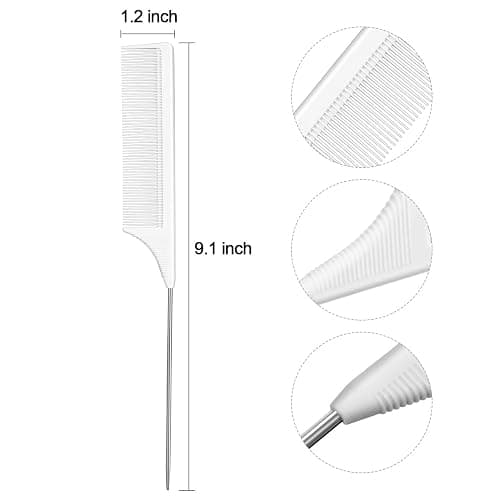 Leinuosen 3 Packs Rat Tail Comb Steel Pin Rat Tail Carbon Fiber Heat Resistant Teasing Combs with Stainless Steel Pintail (White) thumbnail 2