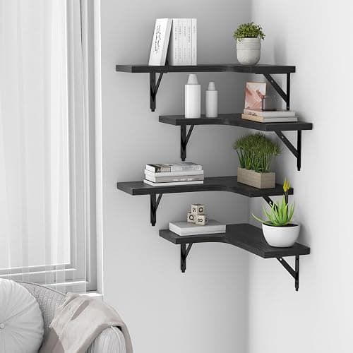ROMGUAR CRAFT Corner Floating Shelves Wall Mounted Set of 4, Rustic Wood Storage Display Shelves for Home Decor, Bathroom, Kitchen, Bedroom, Living Room, Office (Black) thumbnail 5