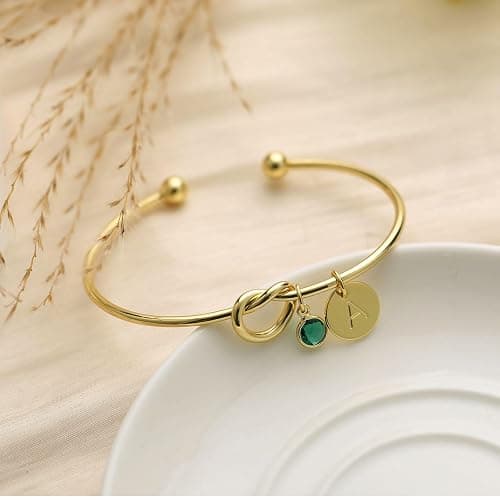 Initial Birthstone Gold Bracelets for Women Trendy 14K Gold Plated Letter A-Z Initial Charm Bracelet Tie the Love Knot Adjustable Cuff Bangle Birthstone Bracelets Birthday Bridesmaid Proposal Gifts thumbnail 6