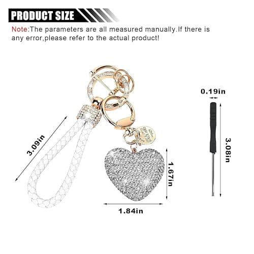 LAINLOY Sparkly Car Key Chain, Rhinestones Heart Shape Key Fob Holder for Women, Personalized Christmas Valentine's Day Presents (White) thumbnail 2