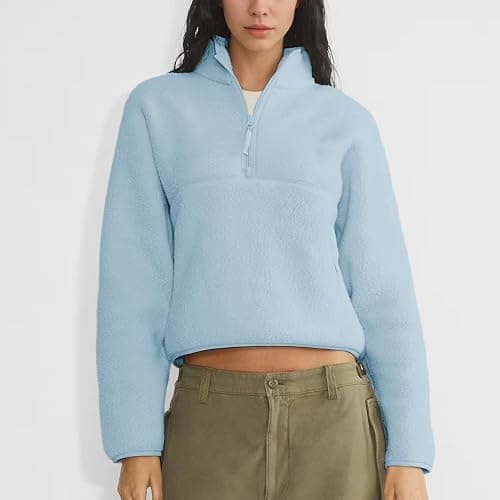 Keeliya Womens Fleece Sweatshirts Cropped Half Zip Fuzzy Warm Sherpa Pullover Varsity Jackets with Zipper Pockets thumbnail 5