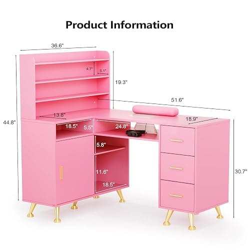 OmySalon L Shaped Manicure Table with Dust Collector, 52" L Corner Nail Desk for Nail Techs, w/Polish Display Rack Arm Rest, Acetone Resistant Top, Drawer and Cabinet Storage, for Nail Salon (Pink) thumbnail 3