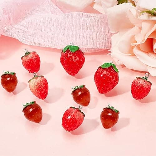 SUNNYCLUE 24Pcs 3 Style Strawberry Resin Pendants Charms Fruit Resin Charms Large 3D Strawberry Pendants Ornament with Iron Loop for Earring Bracelet Necklace DIY Making Accessories thumbnail 2
