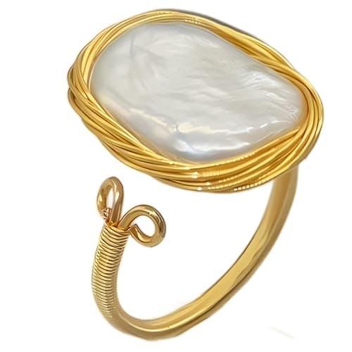 Andaxe Handcrafted Baroque Pearl Ring Winding Design Opening Adjustable 14k Gold Plated Material,White thumbnail 2