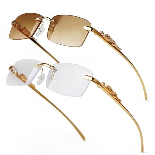 piscm Vintage Rimless Rectangle Sunglasses for Women Men,Trendy Gold Metal Frameless Square Sun Glasses Transparent Eyewear - Image 1