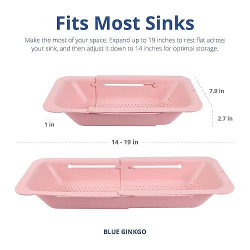 BLUE GINKGO Over The Sink Colander Strainer Basket - Wash Vegetables and Fruits, Drain Cooked Pasta and Dry Dishes - Extendable - New Home Kitchen Essentials (20 W x 36.8-49.5 L x 6.9 H cm) - Pink thumbnail 3