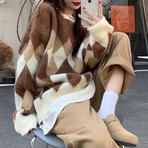 Women Argyle Plaid Oversized Sweater Dark Academia Clothing Y2k Vintage Aesthetic Pullover Top Harajuku Preppy Clothes - Large B Brown thumbnail 2