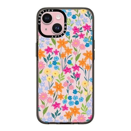 CASETiFY Compact iPhone 15 Case [4 ft. 2X Military Grade Drop Protection/Slim/Lightweight] - Bright Spring Flowers - Clear Black - Image 1