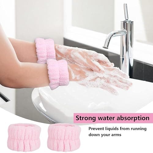 3 PCS Spa Headband and Wristband Set,Face Wash Headband Wrist Band,Makeup Skincare Headband Wrist Bands,Bowknot Elastic Strap for Makeup,for face wash,make-up,shower,massage,etc (Pink) thumbnail 4