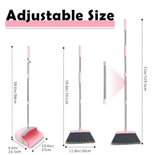 XXFLOWER Long Handle Dustpan and Brush Sets, Broom and Dustpan Set with Comb Teeth, Sweeping Brush Set for Indoor Kitchen Lobby Office Sweeping Pet Dog Hair, Household Cleaning Supplies(Gray Pink) thumbnail 2