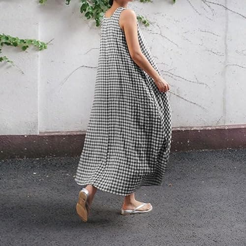 chouyatou Women's Summer Casual Loose-Fit Cotton Plaid Tank Maxi Dress with Pockets Boho Beach Sundress thumbnail 3